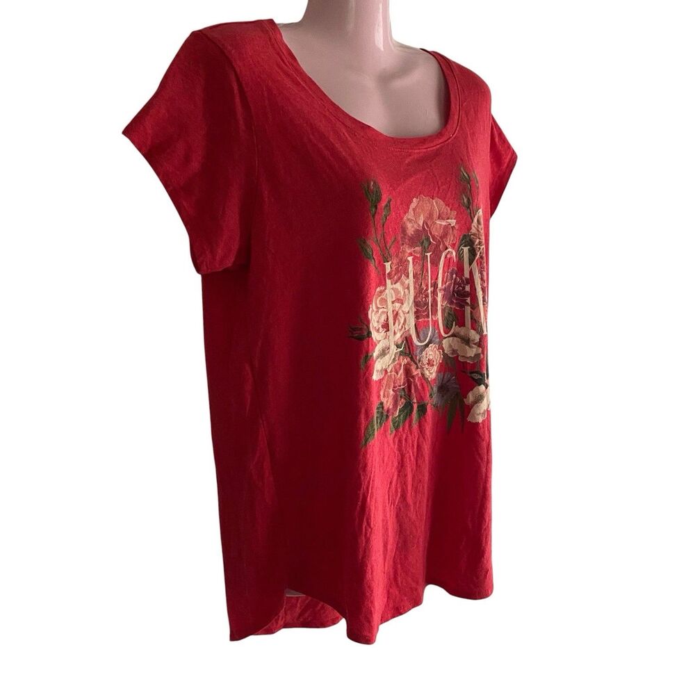 Lucky Brand T Shirt Womens Large Red Floral Bird Graphic Print Soft - Picture 2 of 7
